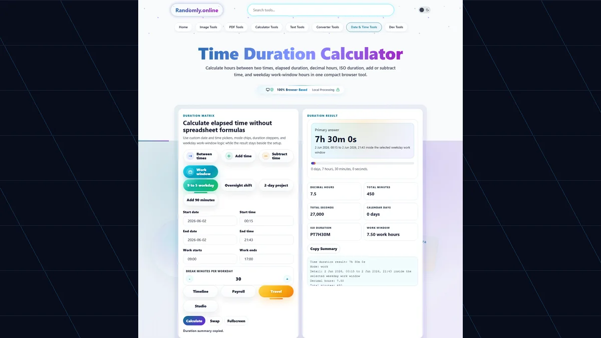 Time Duration Calculator with custom date and time pickers, mode chips, duration steppers, decimal hours, ISO duration, work-window hours, and copy summary button