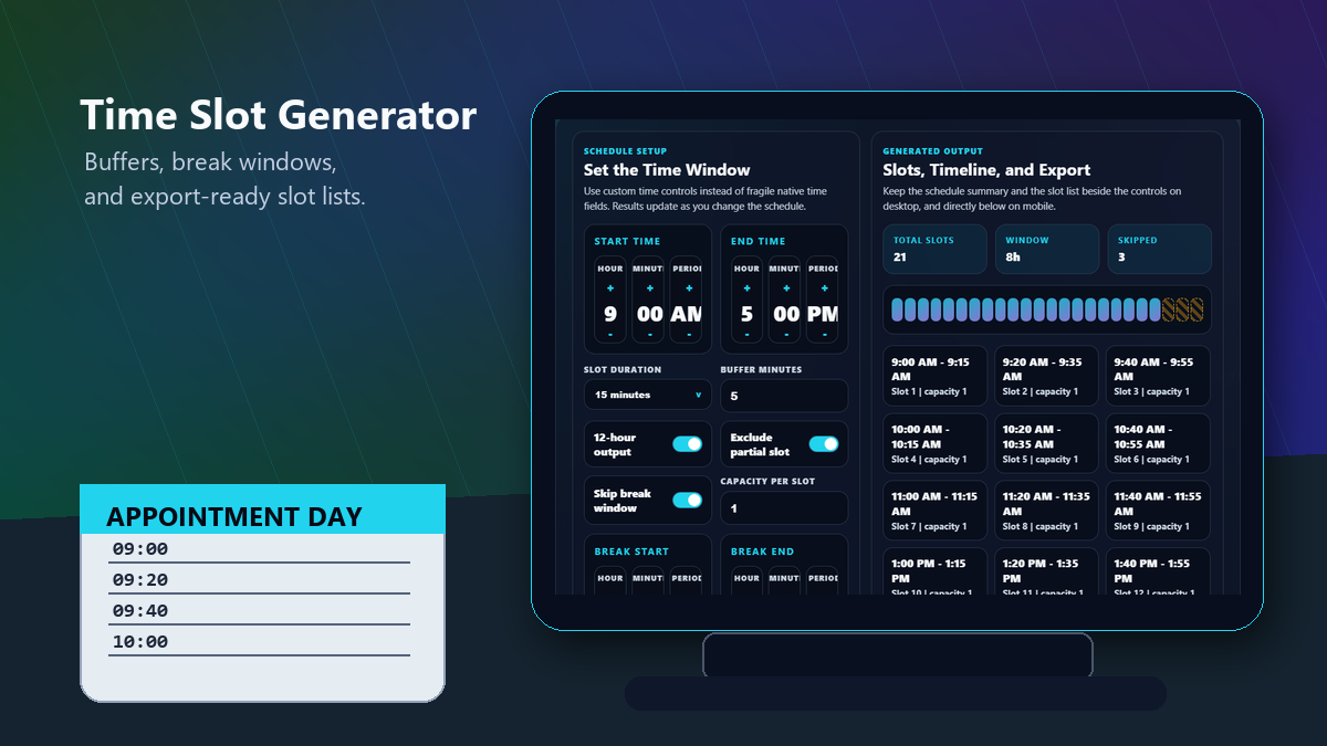 Time slot generator displayed on a clinic desk for appointment planning