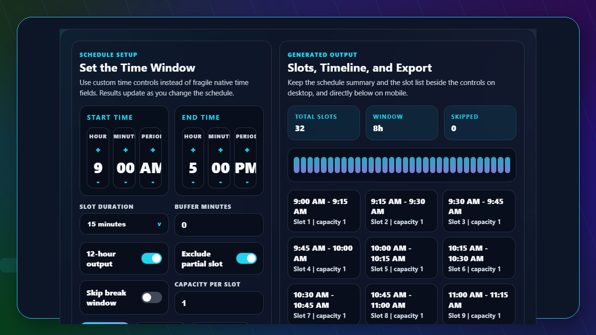 Time slot generator workspace showing custom time controls and a generated appointment grid