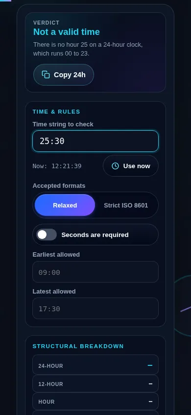 Time validator on a 390px phone: the verdict bar with its reason at the top, then the time input with its live clock and Use now button, the accepted-formats segmented control and the seconds-required switch stacked in one column
