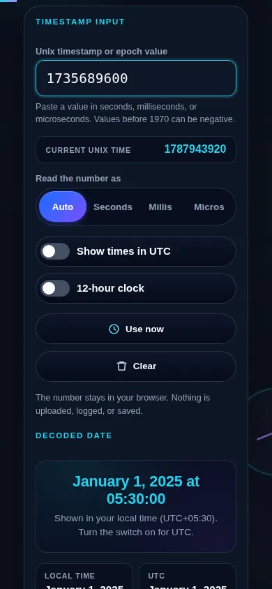 Timestamp to date converter on a 390px phone: the timestamp input and Auto/Seconds/Milliseconds/Microseconds unit control stacked in one column above the decoded local and UTC date and the ISO 8601 string