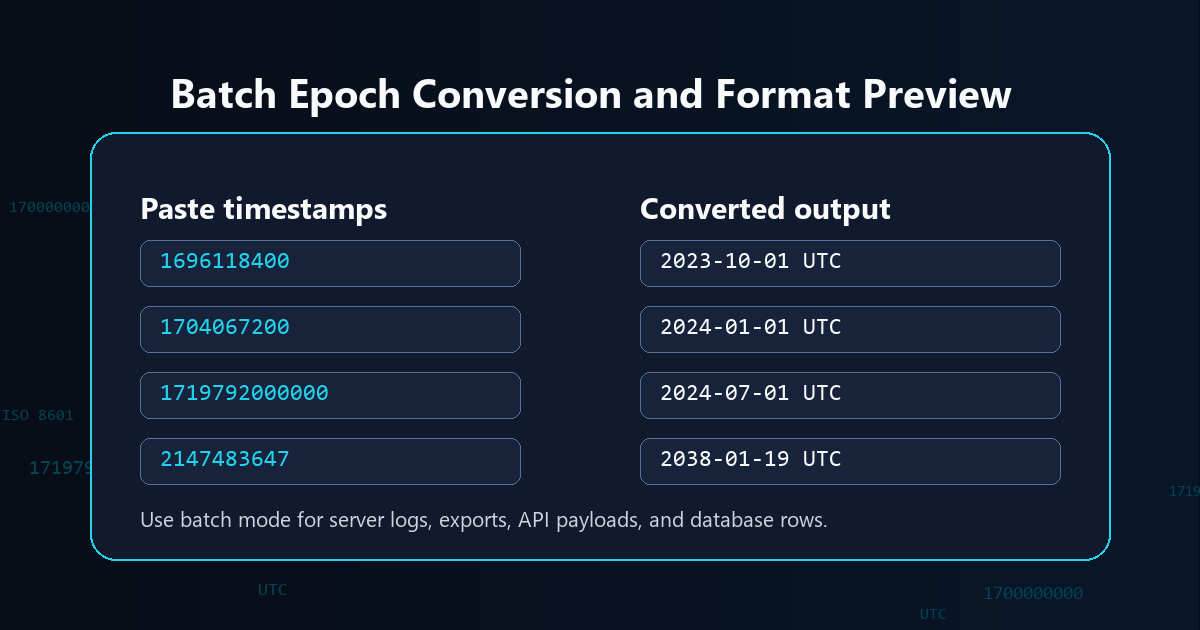 Batch epoch conversion example showing multiple Unix timestamps converted into UTC date outputs