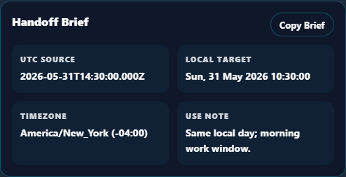UTC to local time handoff brief showing local result, timezone offset and meeting context