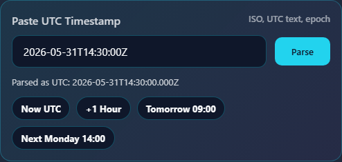 UTC to local time smart paste input with ISO and epoch timestamp support