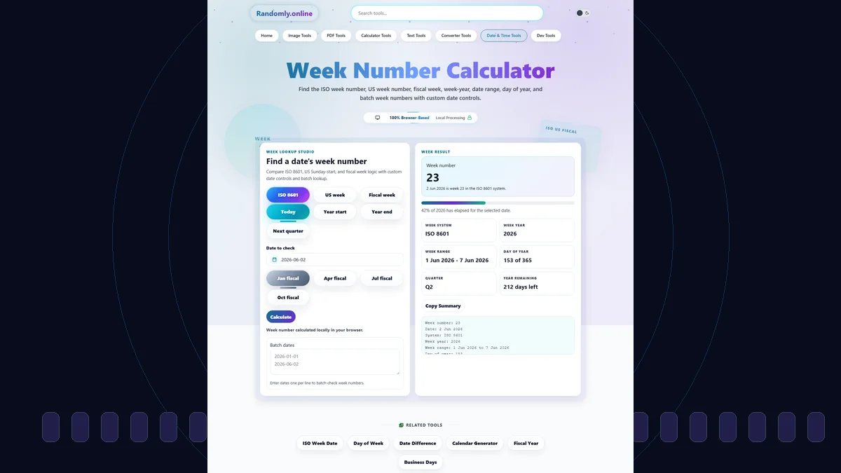 Week Number Calculator with custom date picker, ISO US and fiscal week chips, fiscal start controls, week number result, week date range, year progress bar, and batch week lookup panel