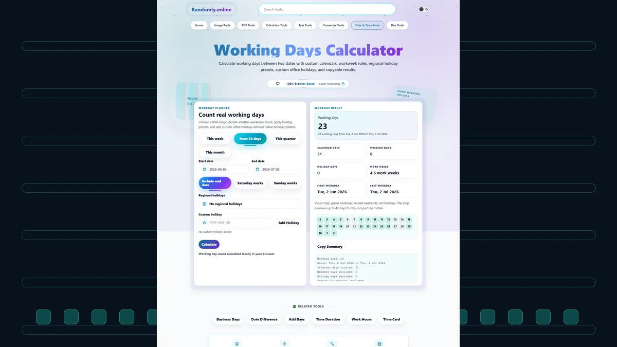 Working Days Calculator with custom start and end date pickers, workweek chips, custom holiday region selector, holiday date picker, working day count, weekend count, holiday count, and visual day strip