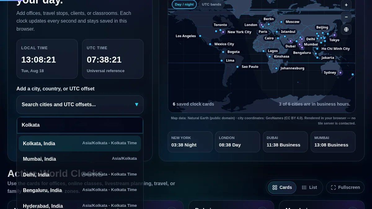 World Clock Online search dropdown for city country IANA timezone and UTC offset