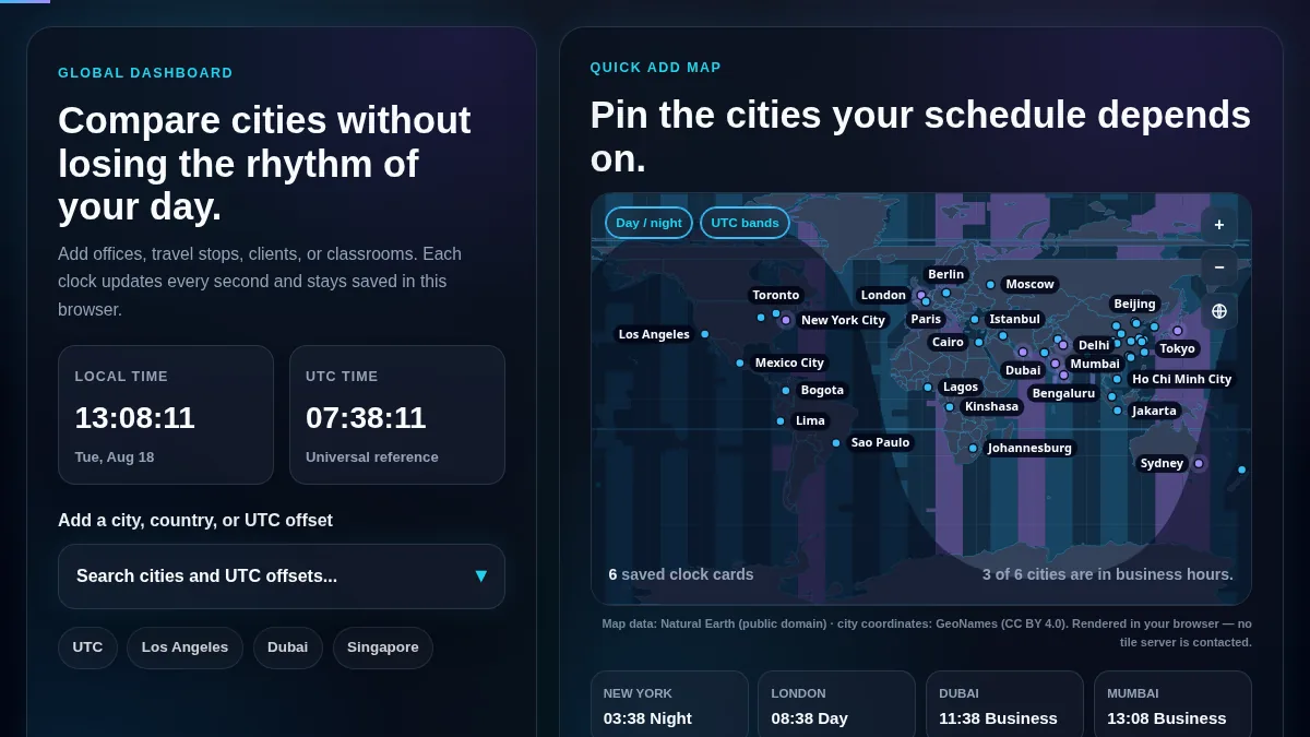 Interactive world map showing UTC offset bands, a day and night terminator, and clickable city pins