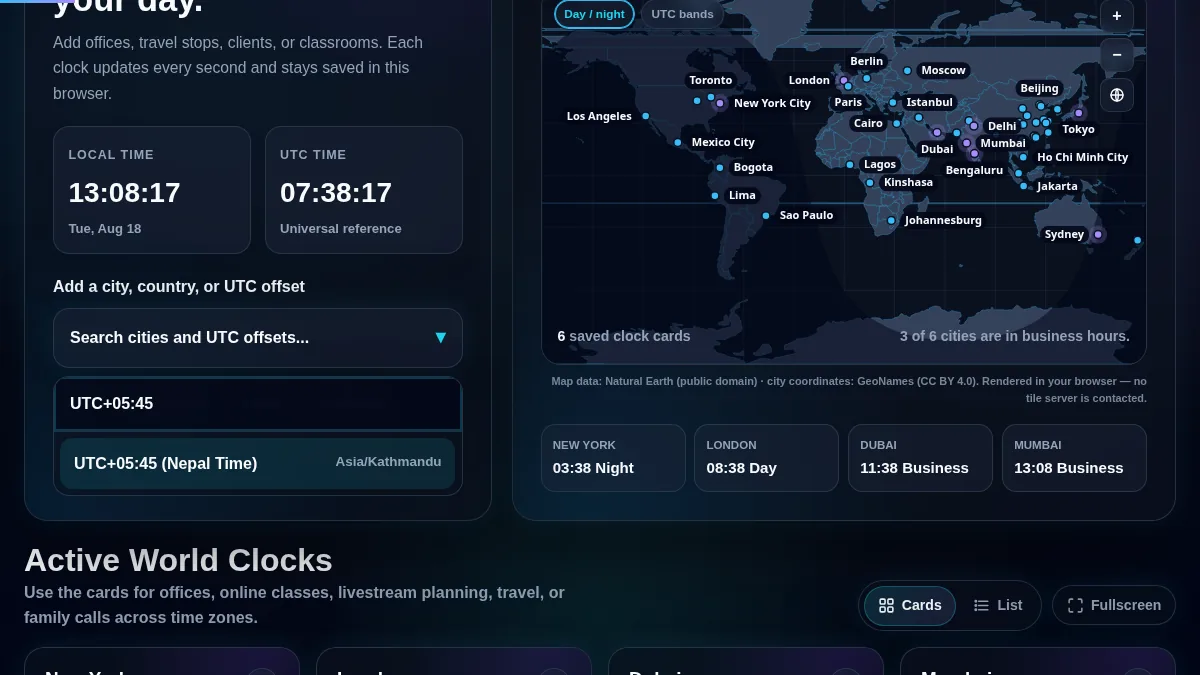 World clock UTC offset search showing non-standard half-hour and quarter-hour offsets