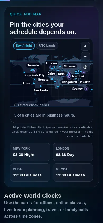 World Clock Online on a phone showing the interactive map above stacked city clock cards