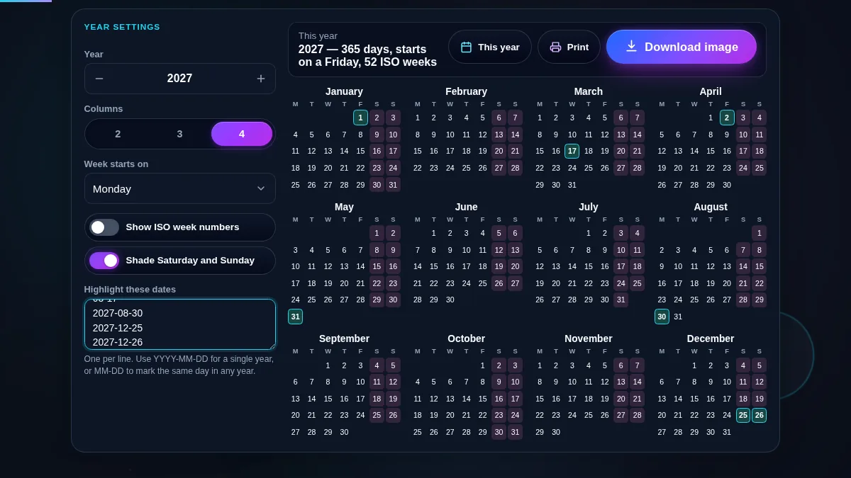 Yearly calendar generator with several dates typed into the highlight box and each of those days ringed inside its month grid across the whole year