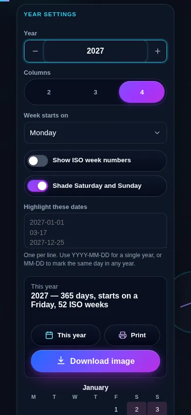 Yearly calendar generator on a 390px phone: the year field, column control and option switches stacked above month grids that reflow into a single column