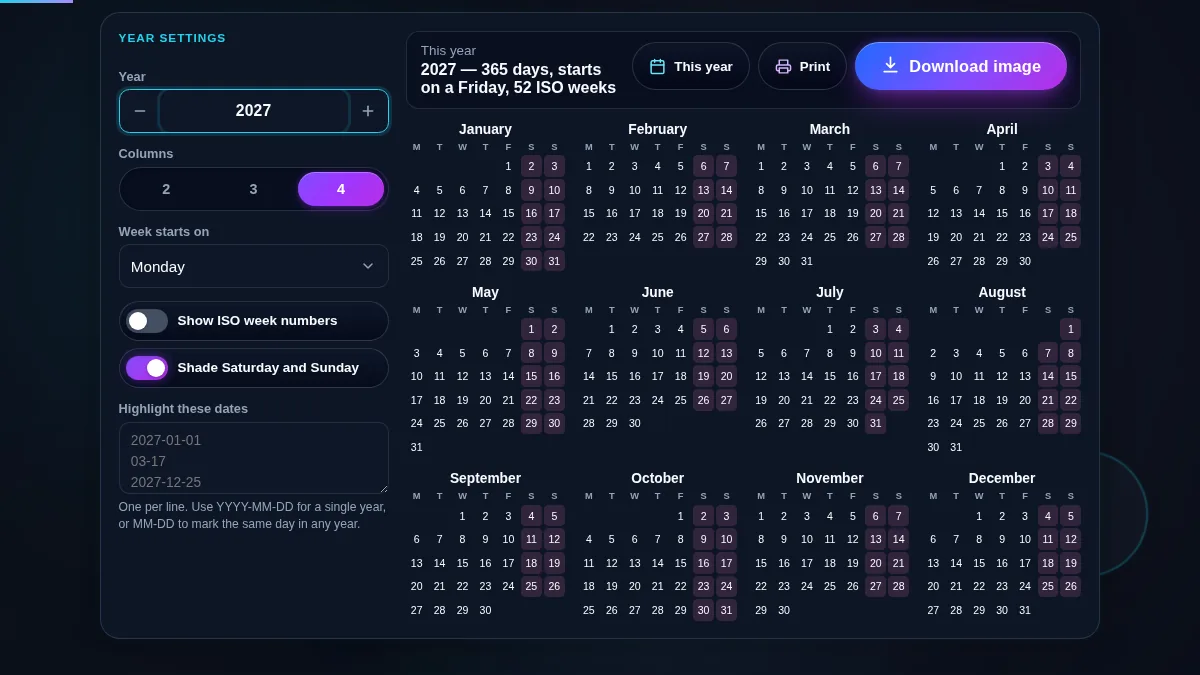 Yearly calendar generator workspace with the year field, column control, week-start list, option switches and highlight box on the left and twelve compact month grids for 2027 on the right