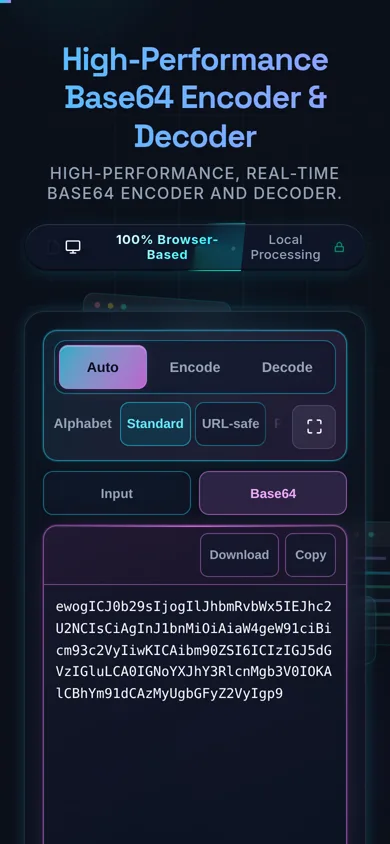 The Base64 tool on a 390 pixel phone: the Auto, Encode and Decode control on its own row, the options on a scrolling row beneath it, Input and Base64 tabs, and the Base64 result wrapped inside the magenta pane