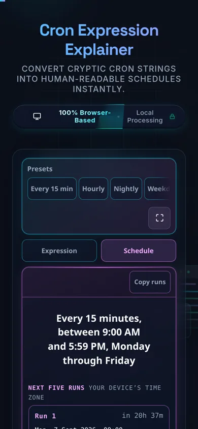 The explainer on a 390-pixel phone: the preset buttons on one horizontally scrolling row that fades out at the right edge, a two-button tab strip reading Expression and Schedule, and the Schedule pane filling the width with the sentence above the run list