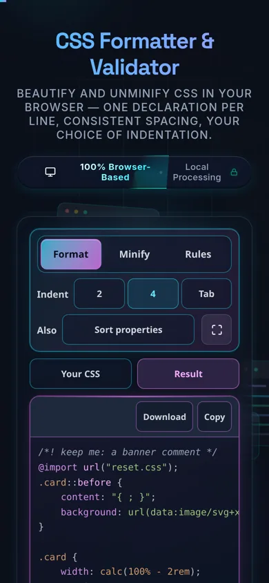 The CSS formatter on a 390-pixel phone: the Format, Minify and Rules buttons across the top, a two-button tab strip reading Your CSS and Result, and the formatted stylesheet filling the width with syntax colouring