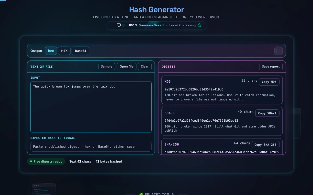 The Hash Generator in dark mode: a line of text in the cyan Text or file pane on the left, and the magenta Digests pane on the right listing MD5, SHA-1 and SHA-256 cards, each with its digest, a character count and a Copy button
