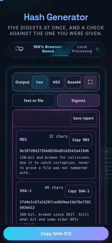 The Hash Generator on a 390-pixel phone: the Output format buttons across the top, a tab strip switching between Text or file and Digests, and the digest cards filling the width one under the other