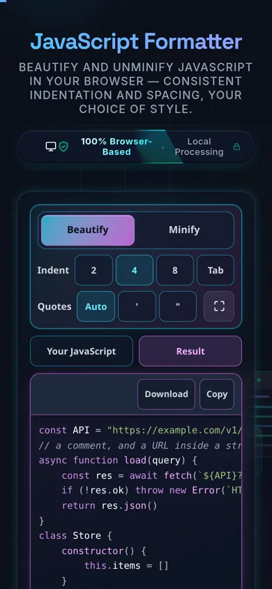 The formatter on a 390-pixel phone: the Beautify and Minify segment across the top, indent and quote buttons below it, and a tab strip switching between Your JavaScript and Result so one pane fills the screen at a time