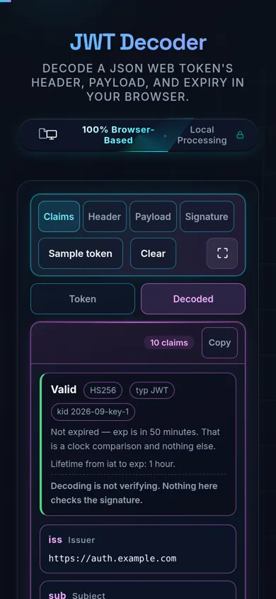 The decoder on a phone with the Decoded tab open. The four view buttons sit on one row above Sample token and Clear, and the claims list shows a Valid verdict with HS256, typ JWT and kid tags.