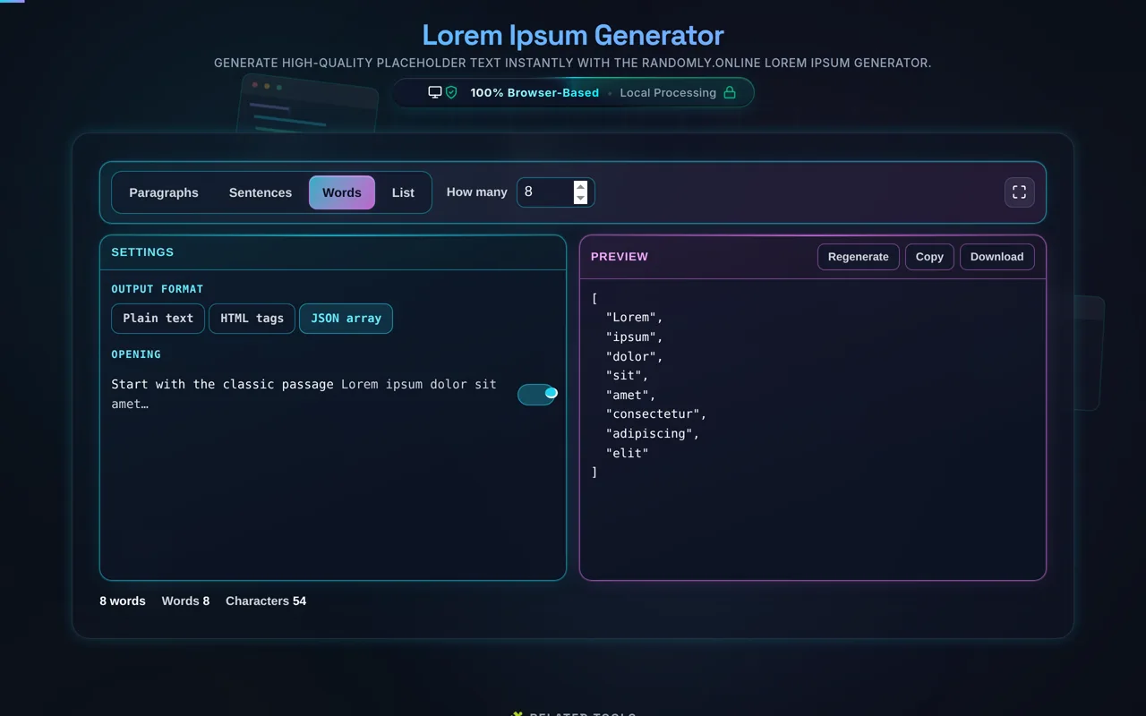 The generator with Generate by set to Words and Output format set to JSON array, the Preview pane showing a flat JSON array of eight quoted Latin words