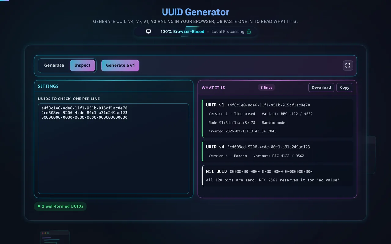 The Inspect pane with three UUIDs pasted. The first card reads UUID v1 with tags for Version 1 Time-based, Variant RFC 4122 slash 9562, Node 91 colon 5d colon f1 colon ac colon 8e colon 78, Random node and Created 2026-09-11. The second reads UUID v4, and the third Nil UUID with a note that all 128 bits are zero.