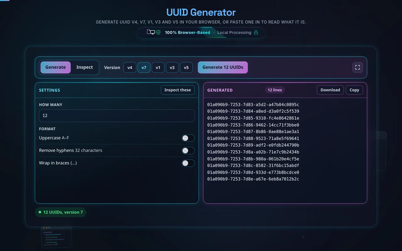The tool with v7 selected and twelve UUIDs in the right pane, all beginning 01a090b9-7253-7d8 with the last character stepping from 3 to e, above a status line reading 12 UUIDs, version 7.