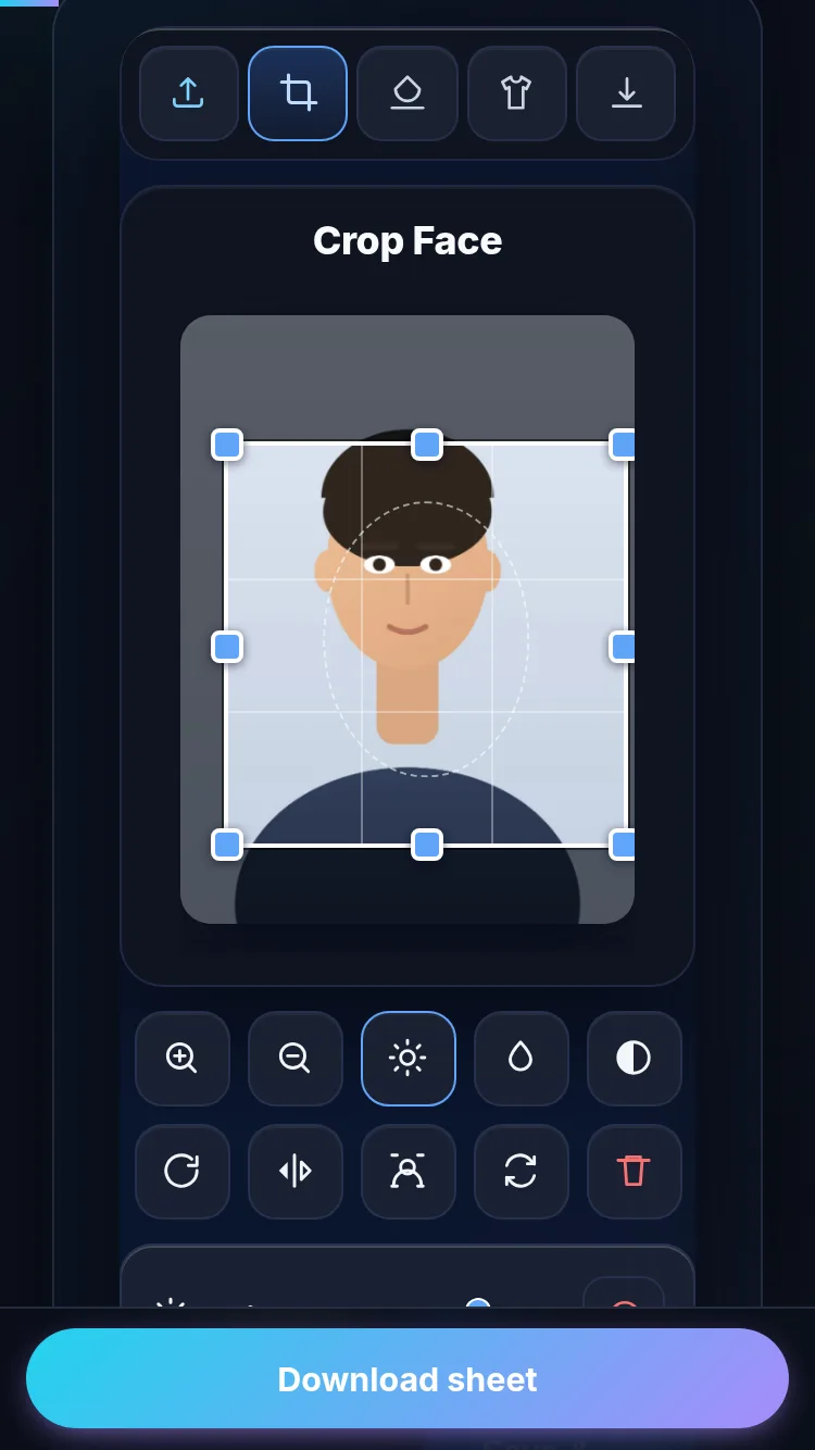 Making a passport photo on a phone with touch controls.