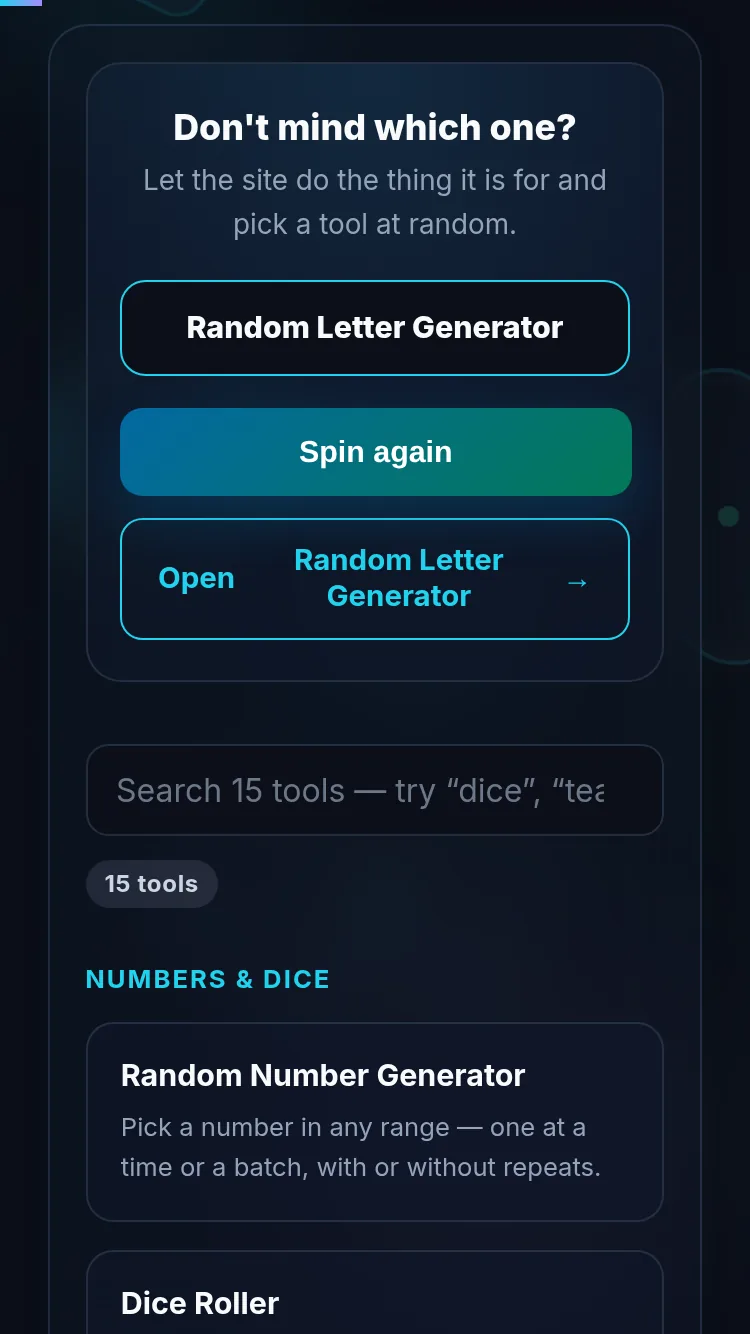 Random generators hub on a phone, no app installed.