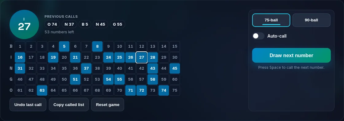 Bingo caller showing the current number and called board.