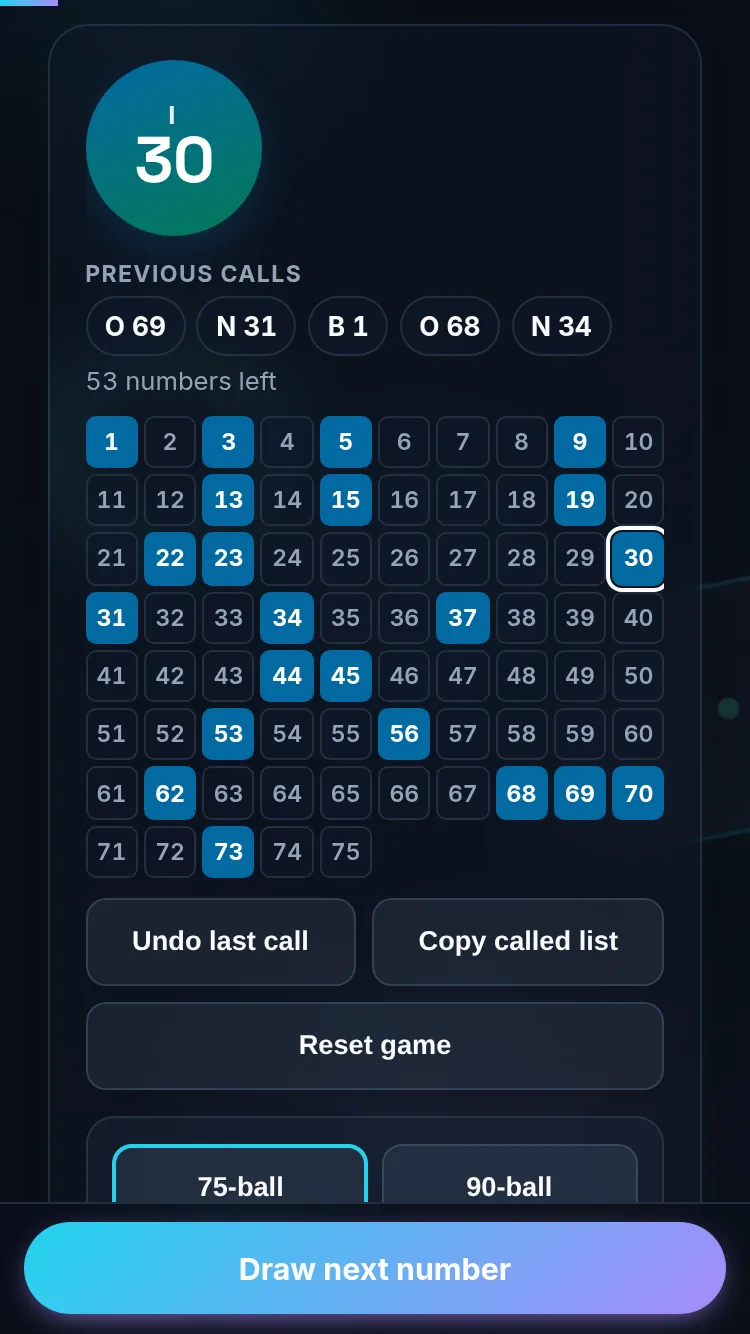 Calling bingo numbers on a phone, no app installed.