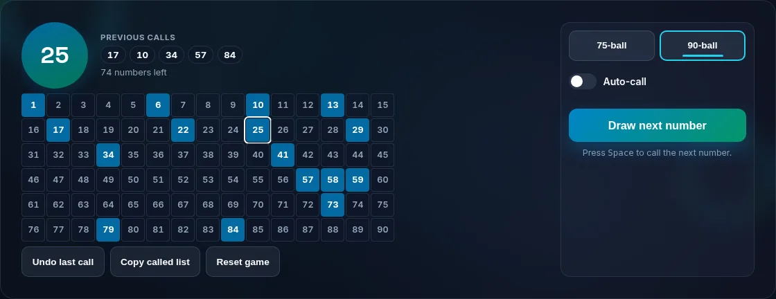 75-ball and 90-ball mode options.