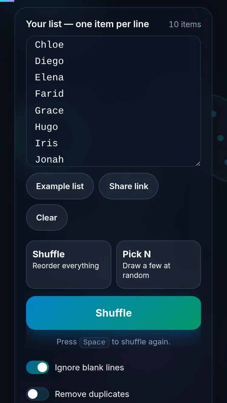 Randomizing a list on a phone, no app installed.