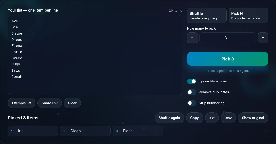 Picking a set number of random items from a list.