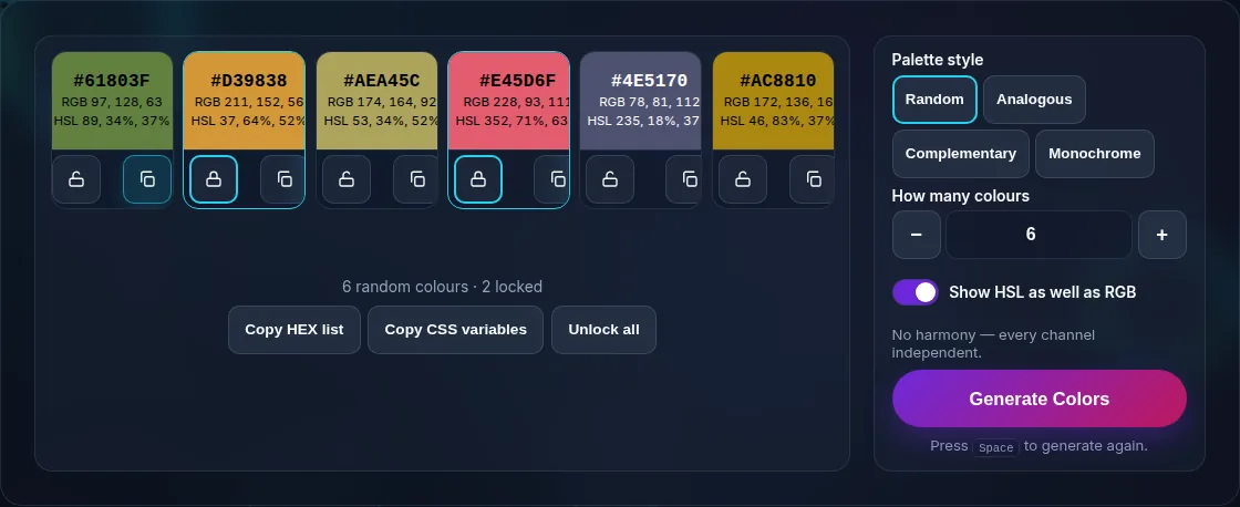 Copying a swatch's HEX and RGB value.