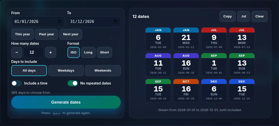 Random dates generated within a chosen range.