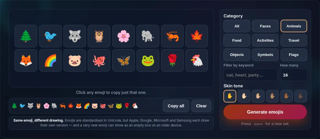 Random emojis generated from a chosen category.