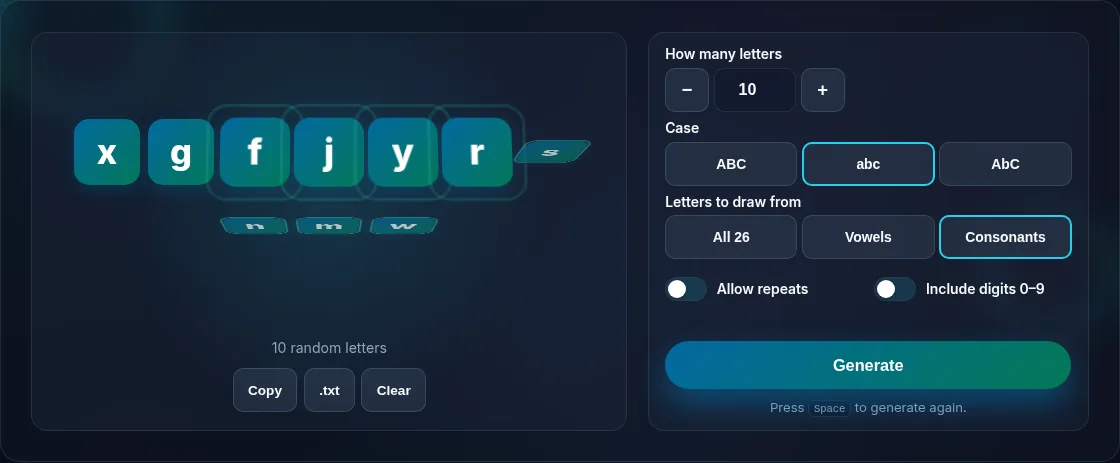 Restricting random letters to vowels or consonants.