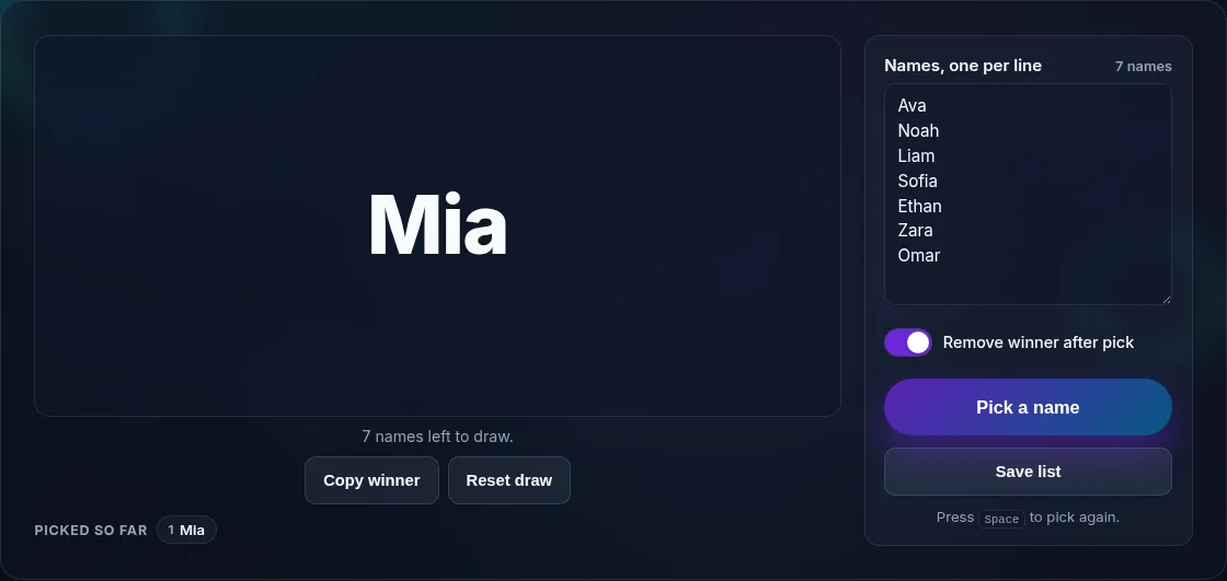 A random winner picked from a list of names.