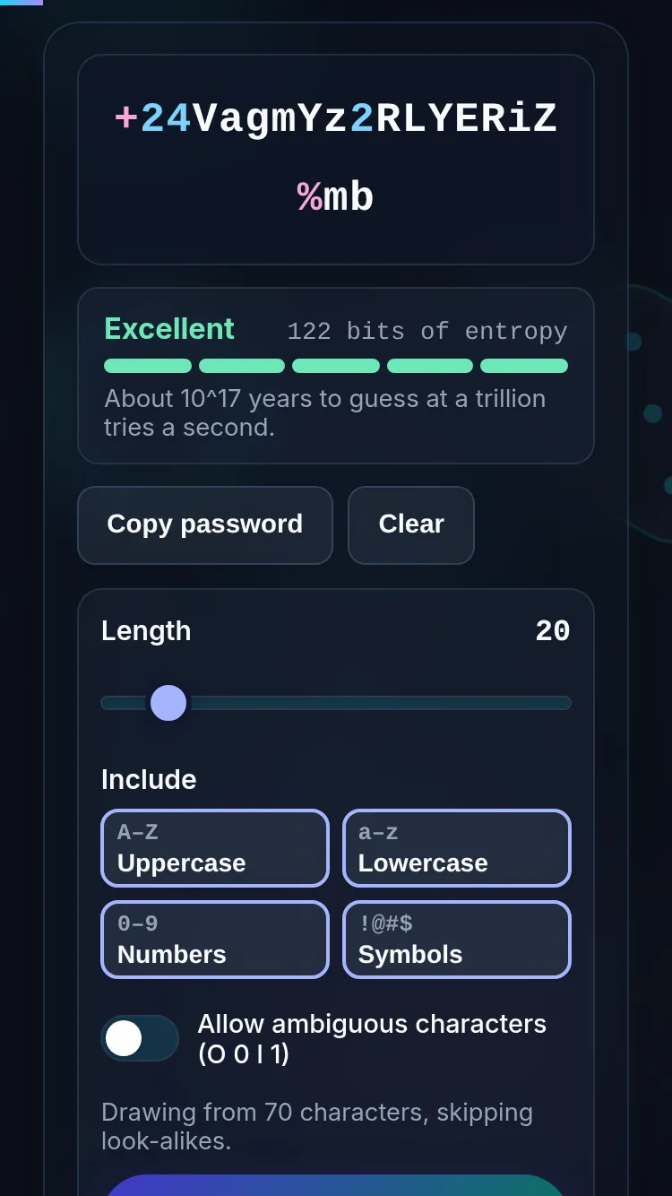 Generating a password on a phone, nothing stored.