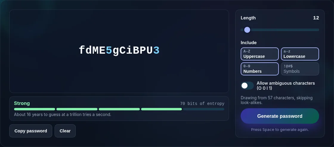 Password options with a live strength meter.
