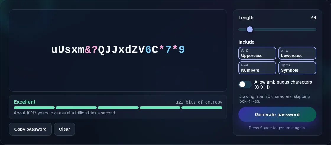 A generated strong password with copy.