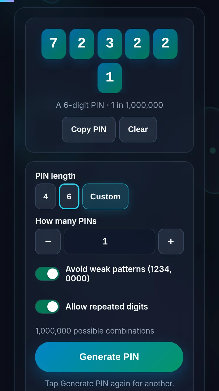 Generating a PIN on a phone, nothing stored.