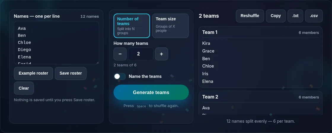Names split into balanced random teams.