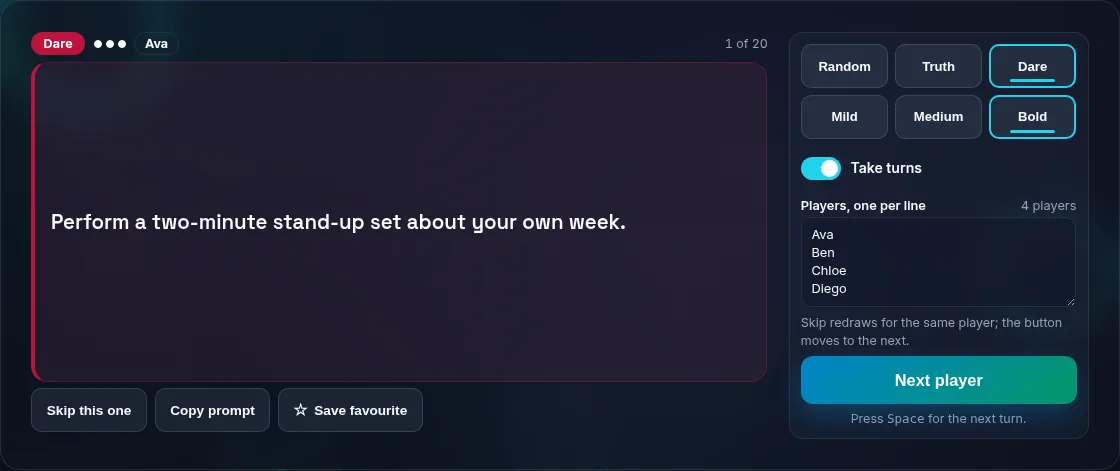 A random Truth or Dare prompt with mode options.