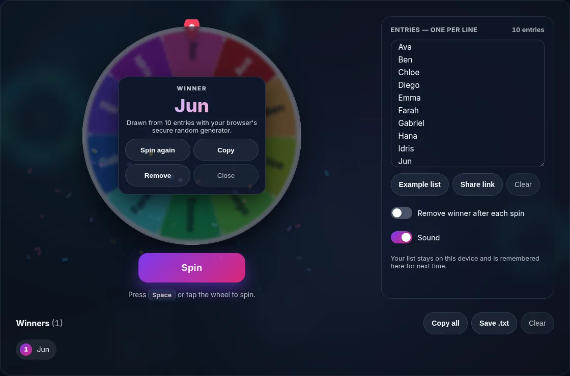 Winner announced after a spin with confetti.