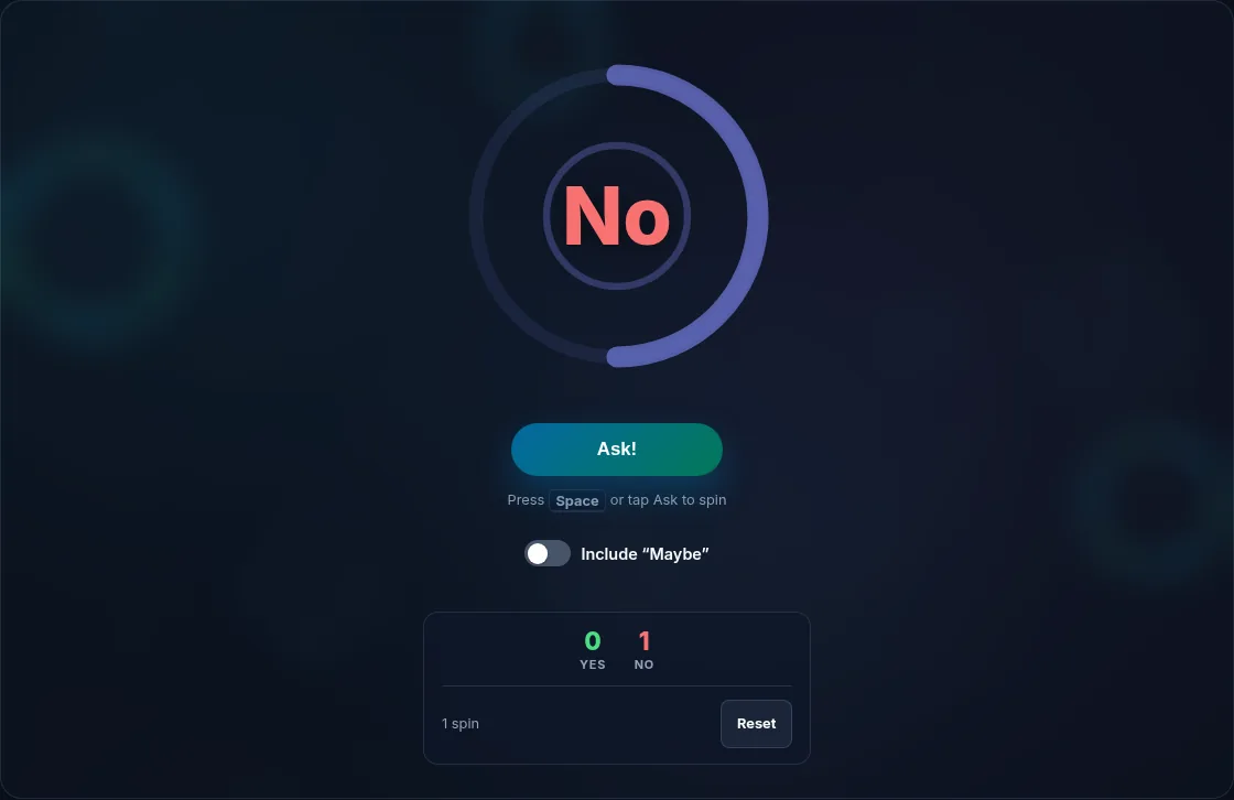 The Yes/No spinner showing a Yes result with a running tally.