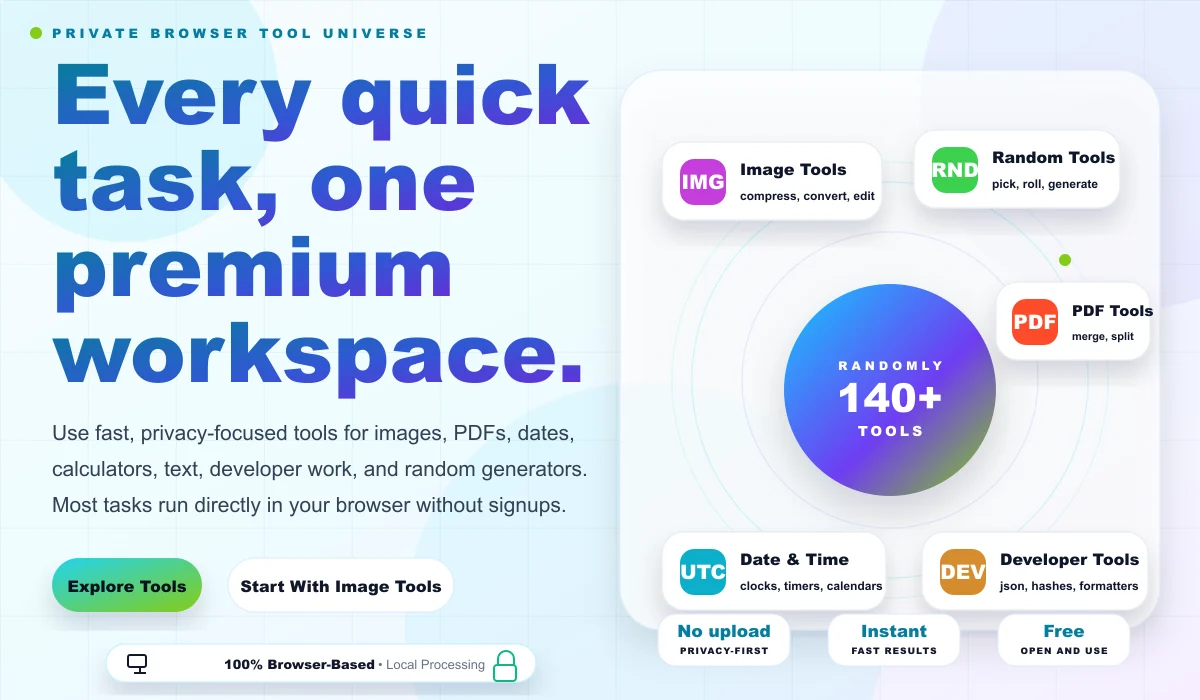 Randomly.online browser tool universe showing image tools, PDF tools, date and time tools, developer utilities, calculators, and random generators