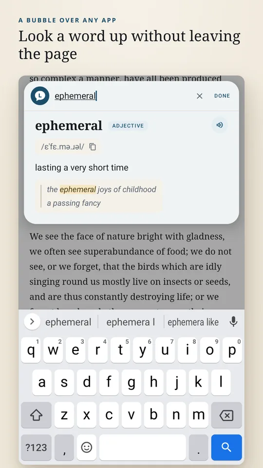 LexiFloat's floating bubble open over a page of text, defining the word ephemeral