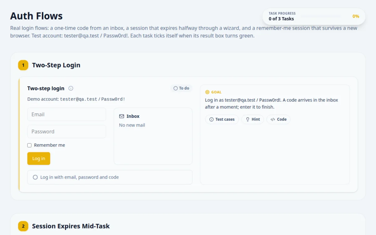 Auth Flows practice page with a two-step login, a session that expires mid-task and a remember-me option